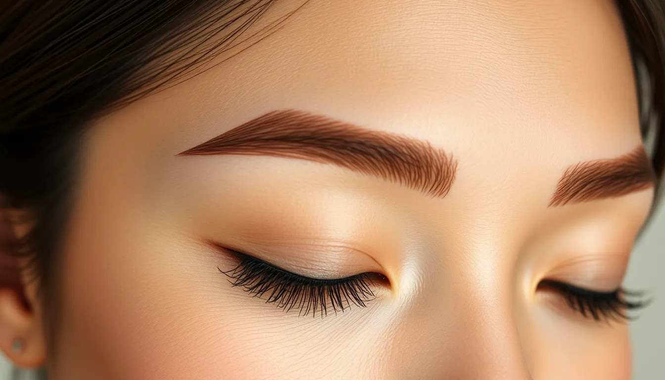 Close-up of natural-looking ombre eyebrow embroidery result on a Singapore woman, showing soft defined brows achieved at Serenity Beaute