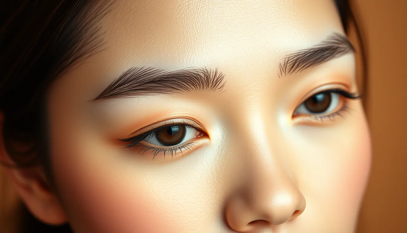 Natural-looking eyebrow embroidery result on a Singapore woman — fine hair strokes, perfectly shaped brows