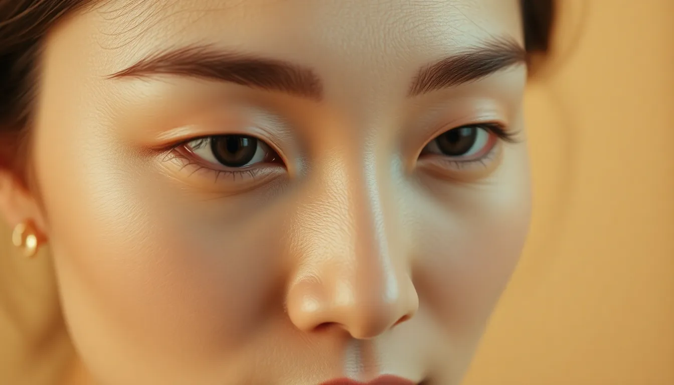 Natural-looking eyebrow embroidery results on a Singapore woman, showing soft defined brows in warm studio lighting