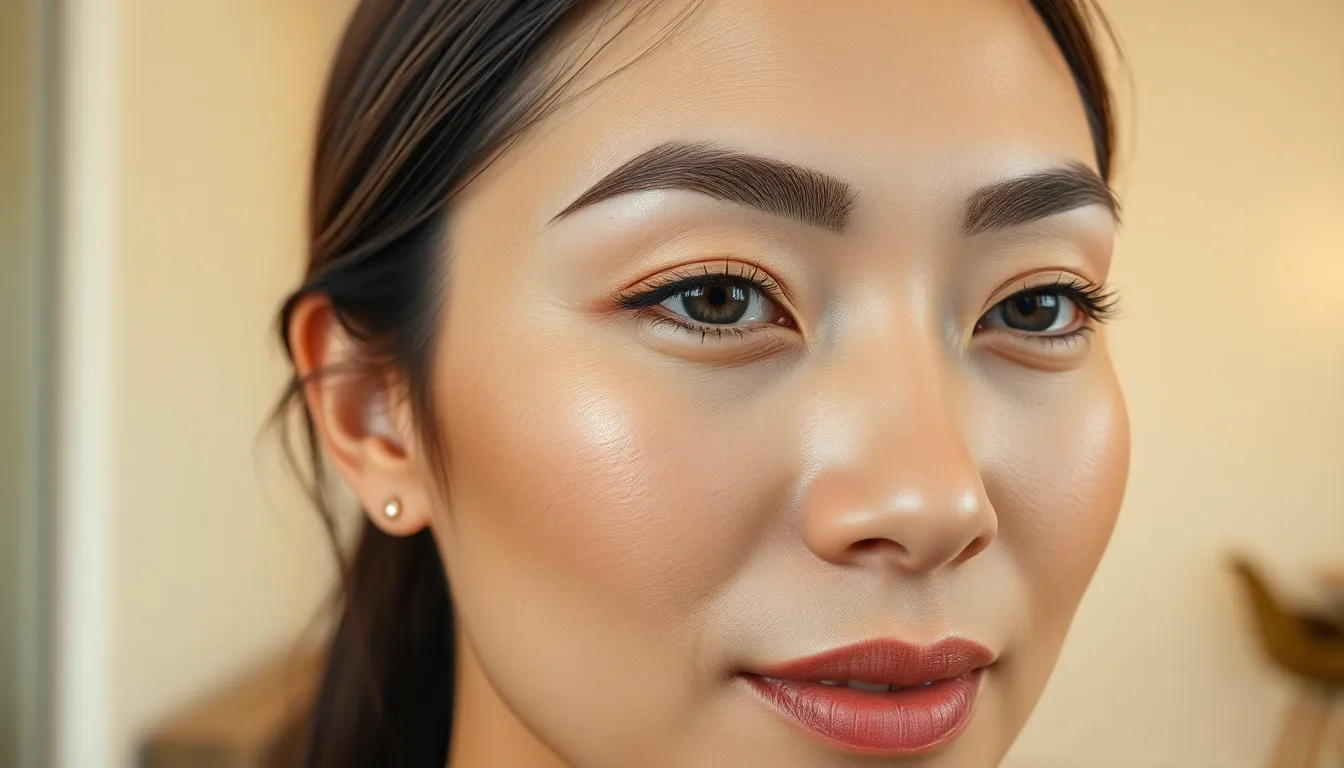Natural-looking eyebrow embroidery result on a Singapore woman — combination brows with soft hair strokes and ombre shading by Serenity Beaute